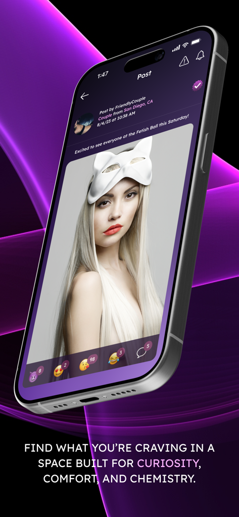 A screenshot of the Quiver dating app showing a community post from a couple featuring a woman in a white mask with various emoji reactions.