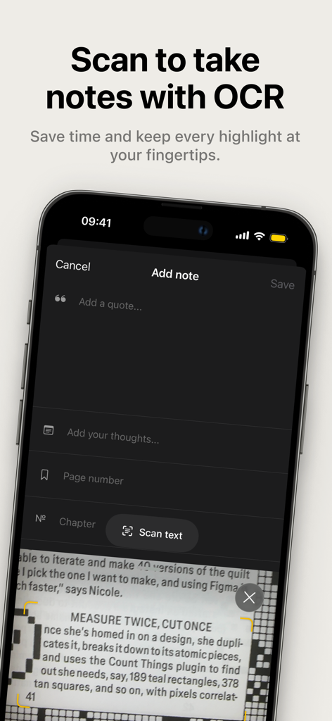 Bookology: Book Tracker - Bookology app interface showing the scan to take notes feature using OCR technology to capture text from a physical book