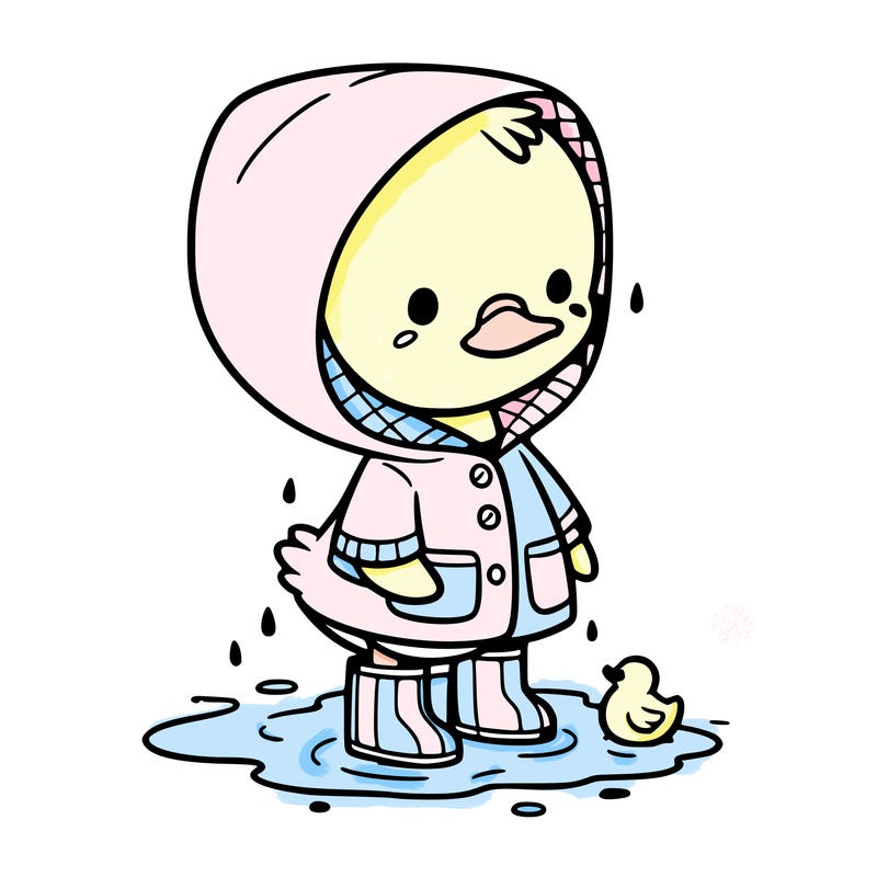 baby duck in a rain coat and boots, in a puddle while it’s raining