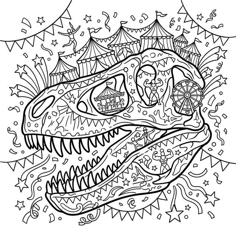 Dive into a prehistoric party with this incredible T-Rex skull coloring page, bursting with vibrant carnival and circus attractions. Perfect for dinosaur enthusiasts and circus lovers alike, this detailed design offers hours of creative enjoyment.