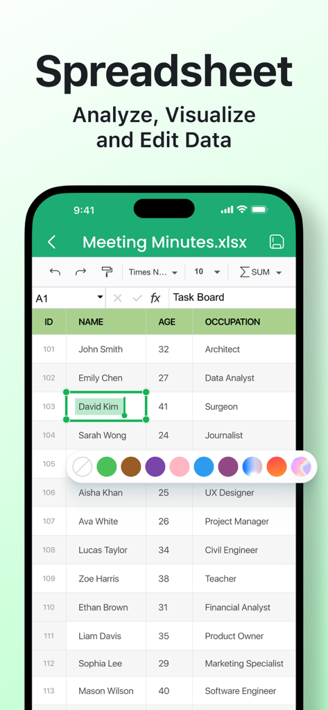 Word Editor・Docs・Sheets・Office - Interface of a mobile spreadsheet editor showing a table with names and occupations on a smartphone screen