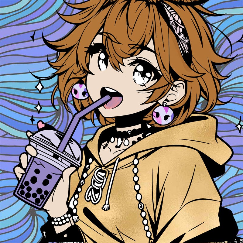hot baddie anime girl drinking boba and biting the straw