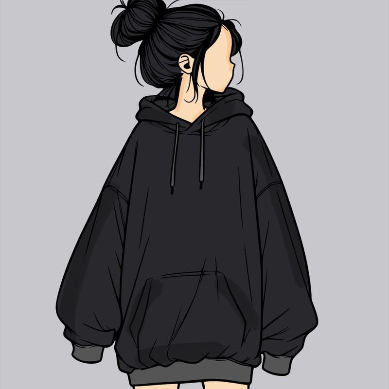 realistic girl with a oversized sweatshirt on and a bun