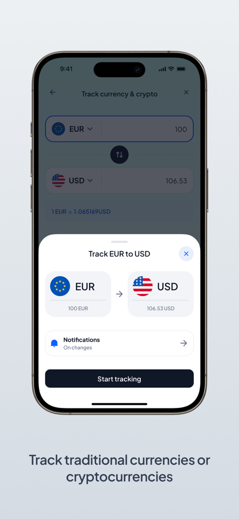 Price Tracker: AnyTracker - The AnyTracker app interface for monitoring exchange rates between traditional currencies and cryptocurrencies.