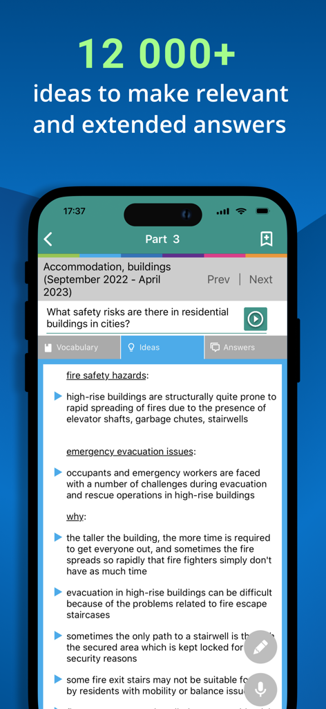 La aplicación IELTS Speaking Assistant mostrando ideas para respuestas extendidas del examen.