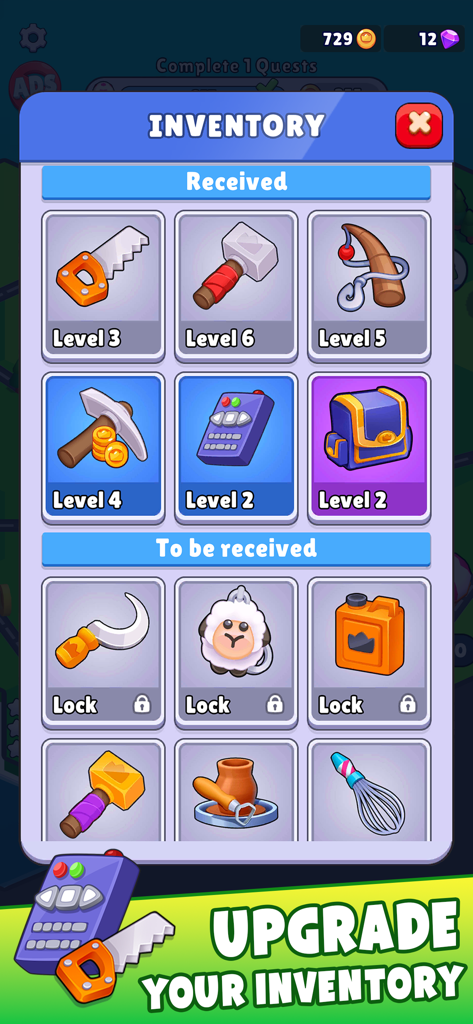 States Builder Trade Empire inventory screen showing various tool levels and upgrade options