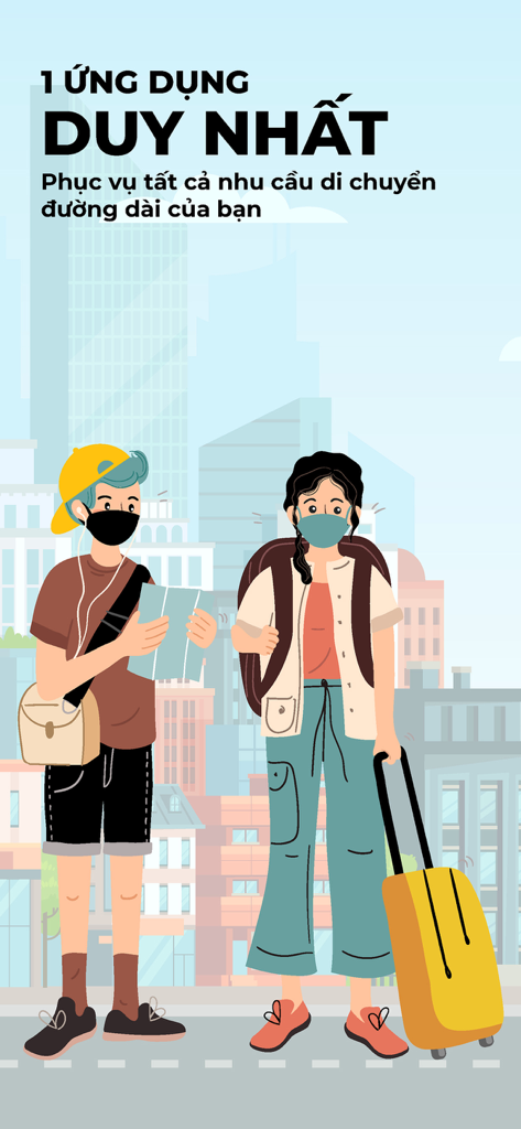 Illustration of two travelers with luggage and masks in a city for the HAIVAN long distance travel app