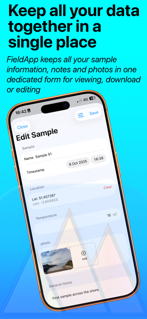 Screenshot of FieldApp Notebook showing an edit sample screen with timestamp location temperature and field notes
