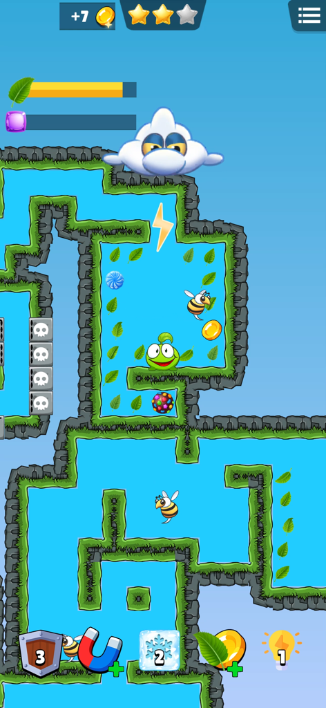 Screenshot des Handyspiels Sugar Rush, der einen Charakter in einem grünen Labyrinth mit Bienen und Sammlerstücken zeigt.