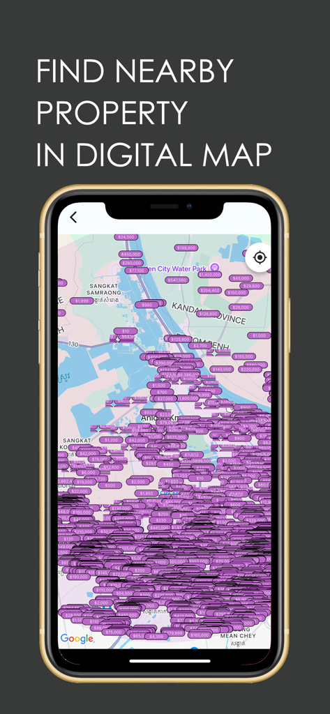 BAYON APP - Interface móvel do Bayon App mostrando um mapa digital com vários marcadores de preço de propriedades para busca imobiliária