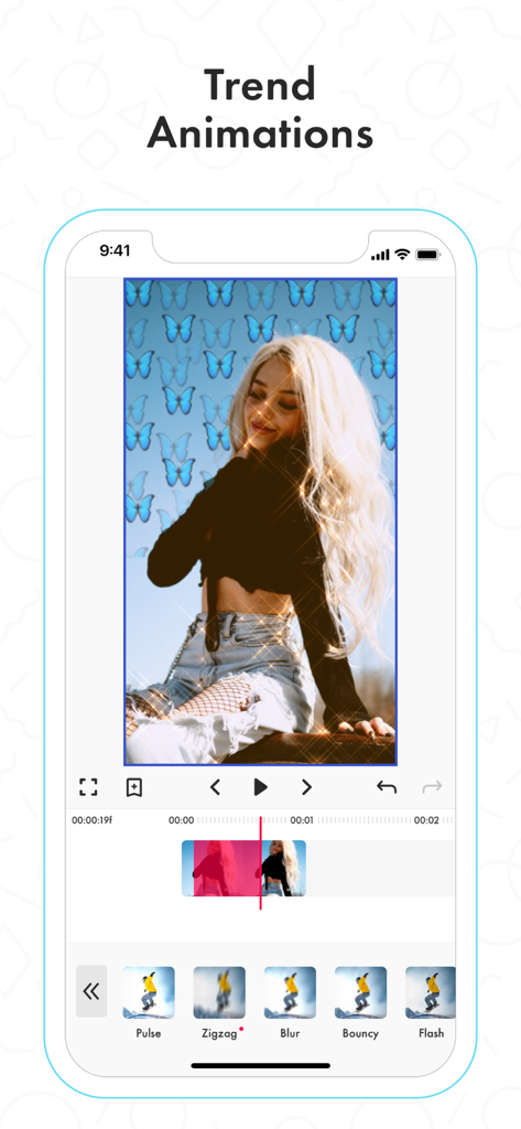 Funimate video editing interface showing trend animation presets like Pulse and Zigzag on a creative fan edit with butterfly overlays.