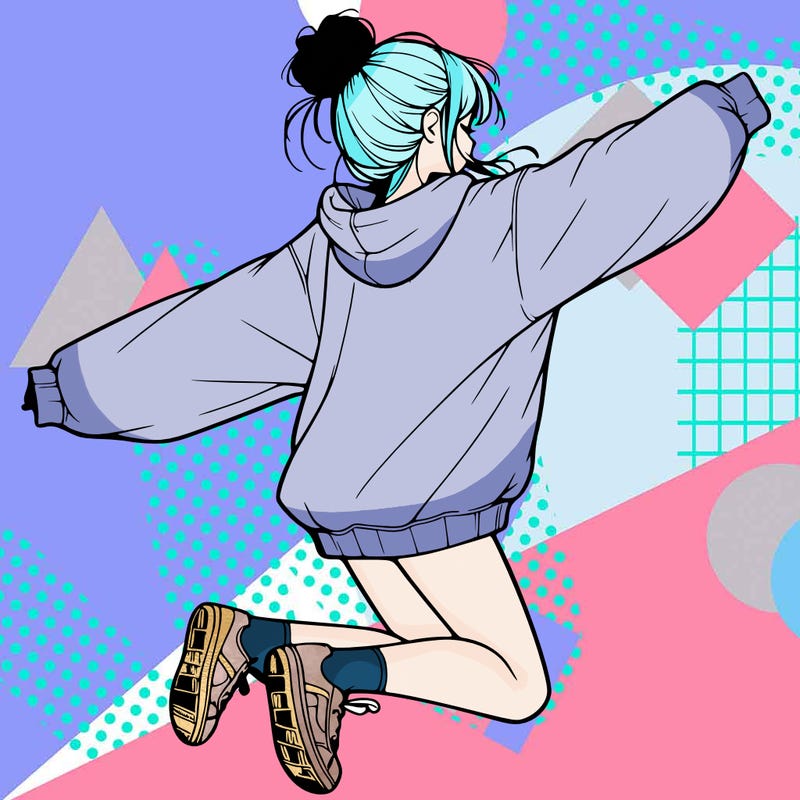 realistic girl jumping with a bun and oversized sweatshirt