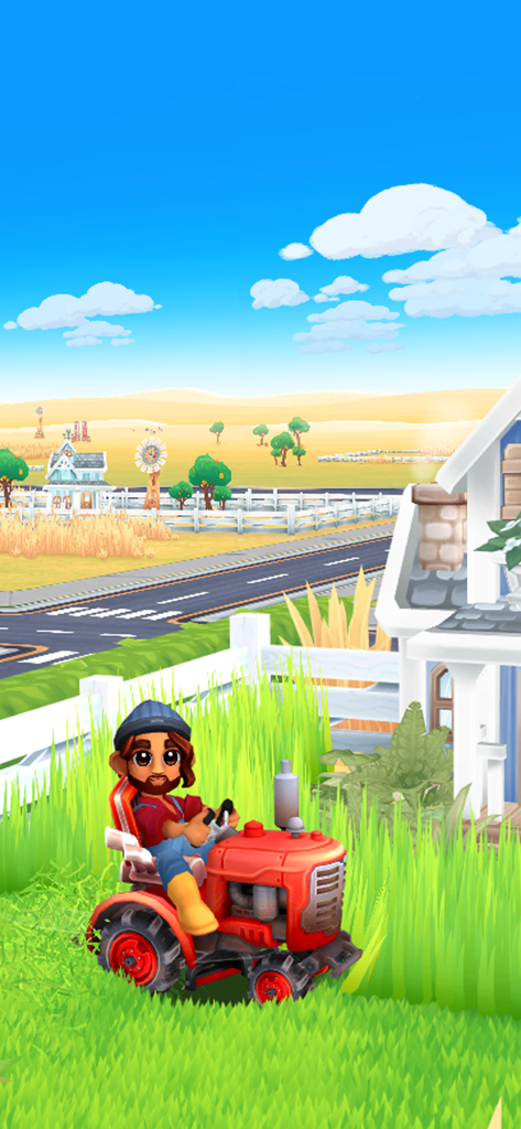 It's Literally Just Mowing - 赤いトラクター型芝刈り機に乗ったキャラクターが、白い郊外の家の前で背の高い緑の芝生を刈っている。