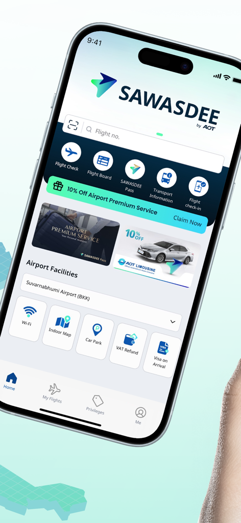 SAWASDEE by AOT app home screen displaying airport facilities and flight services for Suvarnabhumi Airport