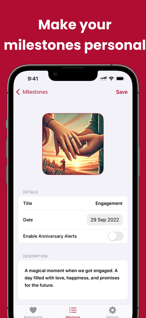 How Long Have We Been Together - Screenshot of the How Long Have We Been Together app displaying a personalized engagement milestone with a photo of a ring exchange.
