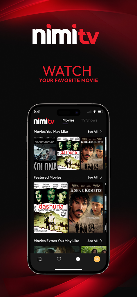 NimiTV app interface displaying Albanian movie selections on a smartphone