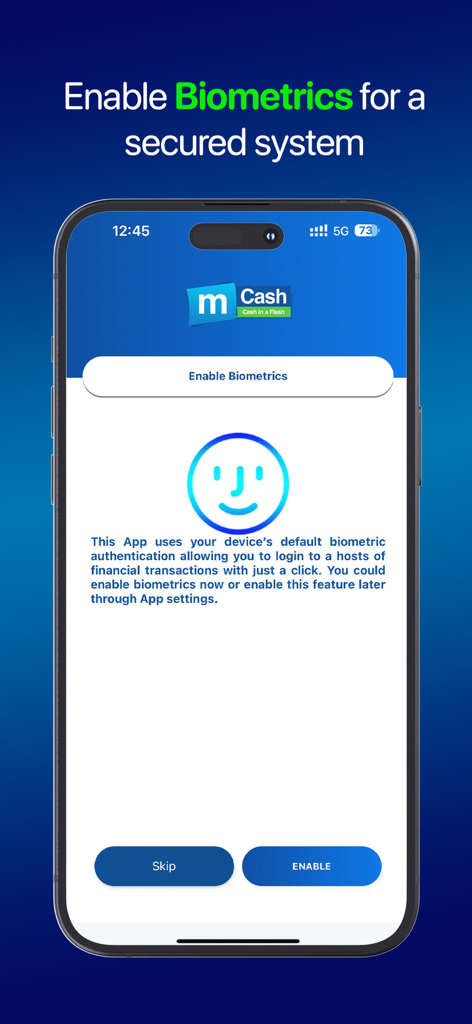 Mobitel mCash - Pantalla de la aplicación Mobitel mCash pidiendo a los usuarios que habiliten la autenticación biométrica para transacciones financieras seguras.