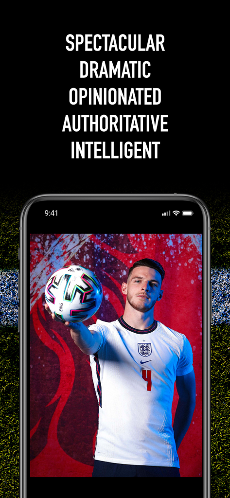 iPhone screen displaying the FourFourTwo Magazine app with a professional football player and sports journalism adjectives