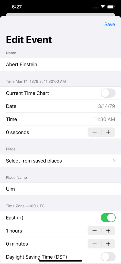 Jyotish Computer - Edit event screen in Jyotish Computer showing date and location entry for a Vedic astrology chart