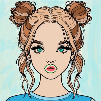 realistic girl with two buns in hair and lips