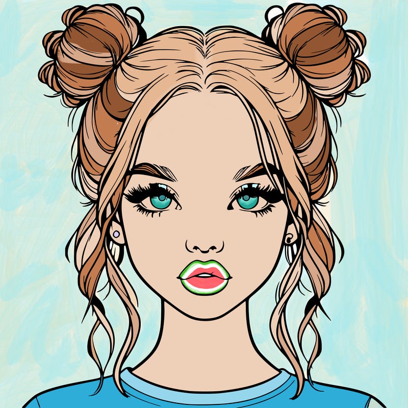 realistic girl with two buns in hair and lips