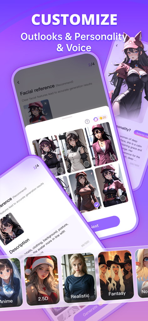 Interfaz de la aplicación Rosytalk para personalizar la apariencia, personalidad y voz del personaje de IA en varios estilos como anime y realista