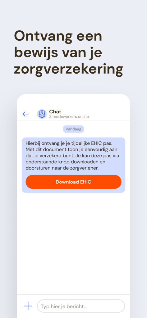 Spoedzorg op reis - Spoedzorg op reisアプリで一時的なEHIC健康保険カードをダウンロードするオプションを表示するスマートフォン画面。