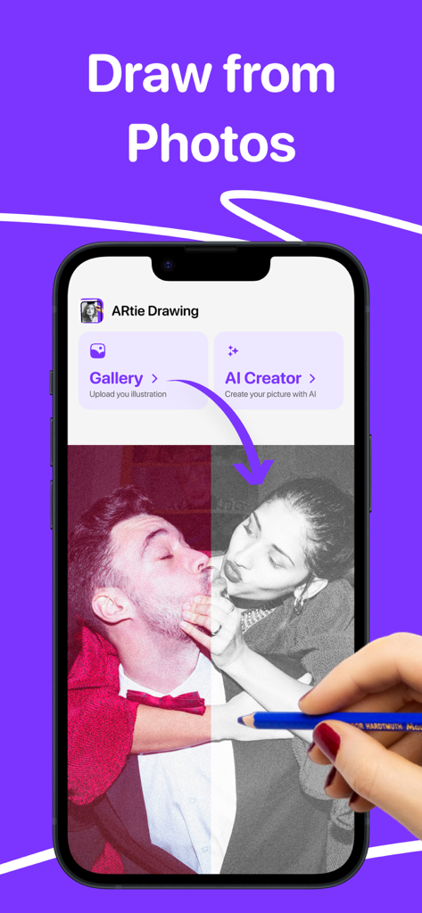 A hand using a pencil to trace a photo transformed into a sketch on the ARtie app interface.