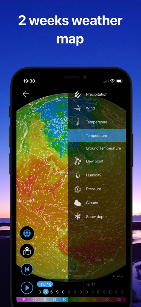 Weawow weather app interface showing a two week global weather forecast map