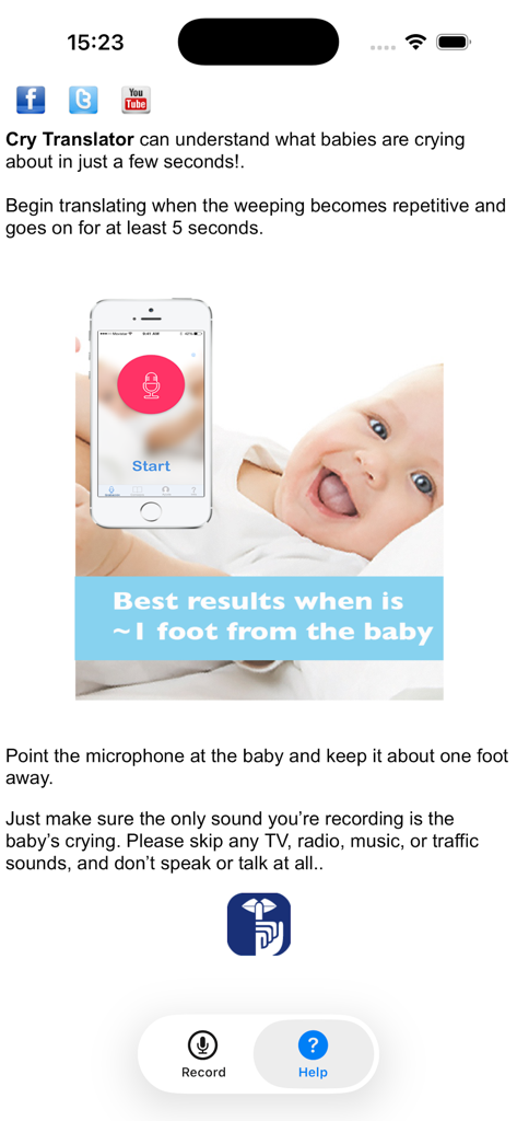 Cry Translator - Instructions for using the Cry Translator app showing a baby and a smartphone with recording tips