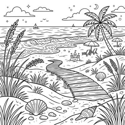 Immerse yourself in the tranquility of a white sand beach with this captivating coloring template. Discover a picturesque scene complete with gentle waves, swaying palm trees, and charming beach elements, ready for your artistic touch.