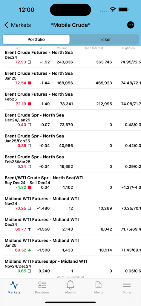 ICE mobile - ICE Mobile app interface displaying real-time Brent and WTI crude oil futures market data