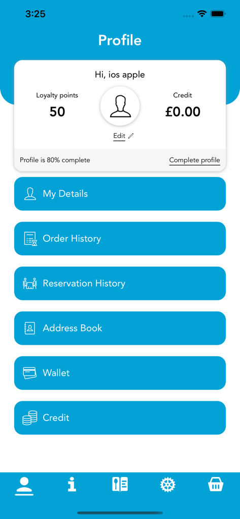 Profile view of the Purple Flamez app showing user loyalty points and account settings