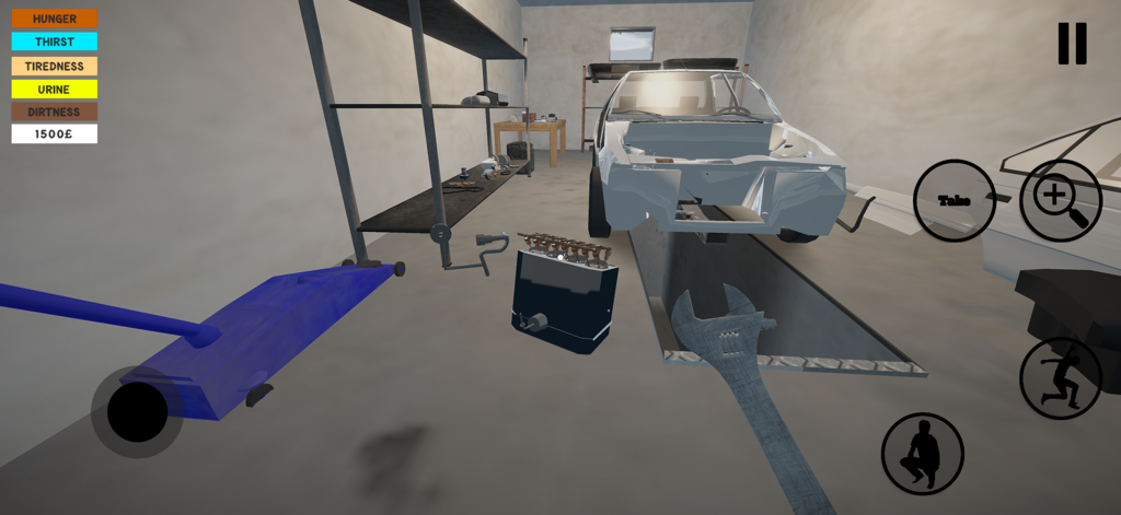 Egyptian Life - First person gameplay view of repairing a car in a garage with survival status bars