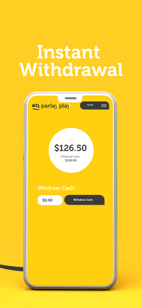 ParlayPlay mobile app showing the instant cash withdrawal interface with account balance