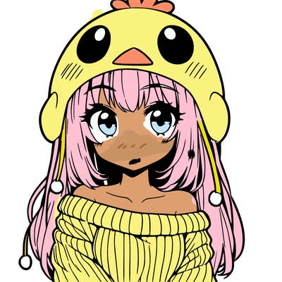 anime girl with chick shaped hat with sweater with bare shoulders with bangs covering them one eye with low tail