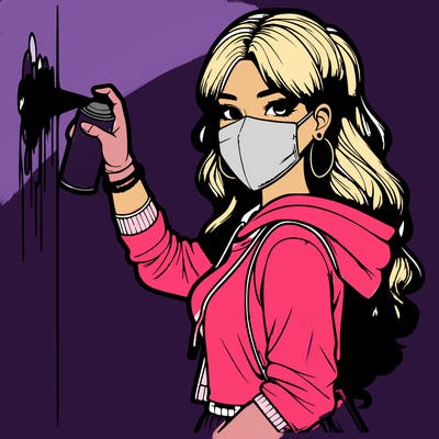realistic girl with mask spray painting a wall