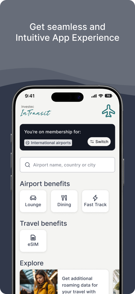 Investec InTransit - Investec InTransit app interface showing airport benefits including lounge access dining and fast track options