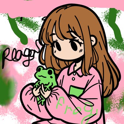 girl with long hair and a oversized shirt. and she is holding a frog