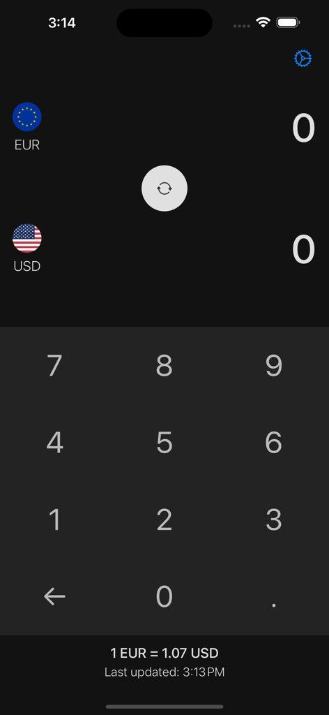 Currency Converter - Exchange! - Currency converter app interface in dark mode displaying Euro to US Dollar exchange rate with a numeric keypad