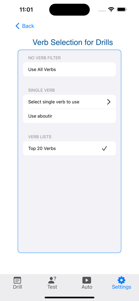Verbes - French Verb Trainer - Écran des paramètres de sélection des verbes dans l'application Verbes affichant les options permettant de filtrer les verbes français pour les exercices.