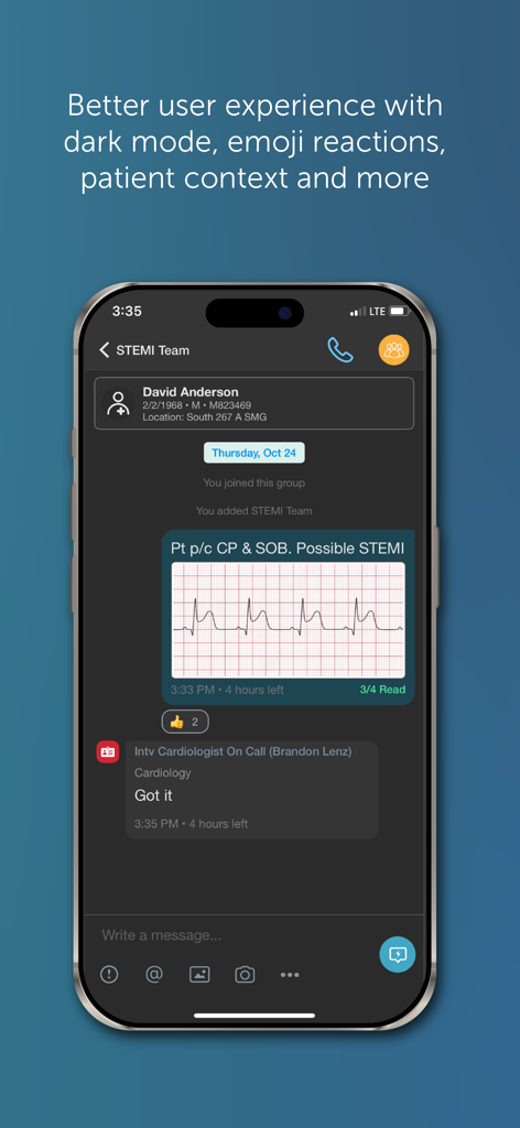 TigerConnect app interface showing a secure clinical chat for a STEMI team with patient context and an EKG strip in dark mode