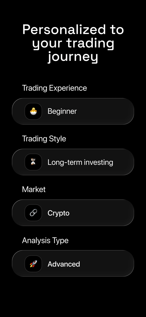 Profit AI app screen for personalizing the trading experience with options for beginner level and crypto market.