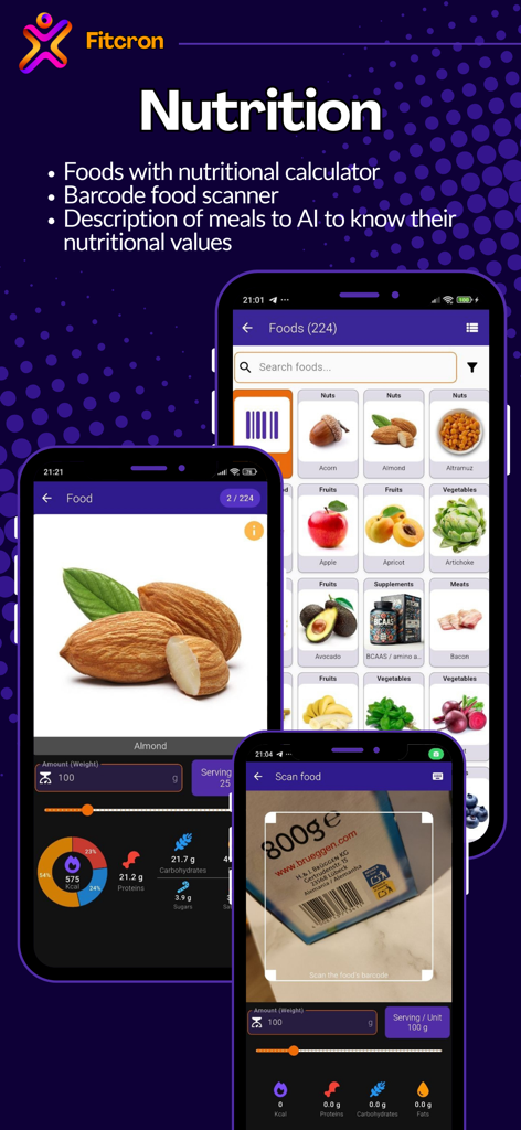 Fitcron Ernährungs-Oberfläche mit Lebensmitteldatenbank, Barcode-Scanner und KI-Ernährungsrechner
