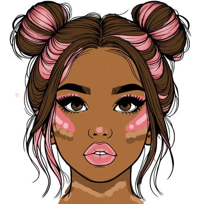 realistic girl with two buns on her hair and lips