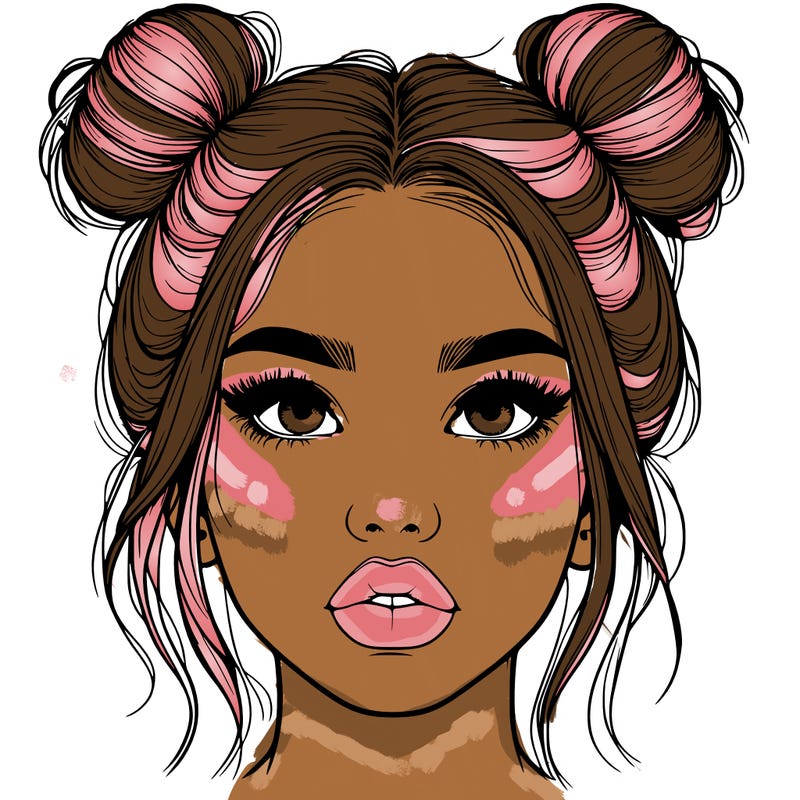 realistic girl with two buns on her hair and lips