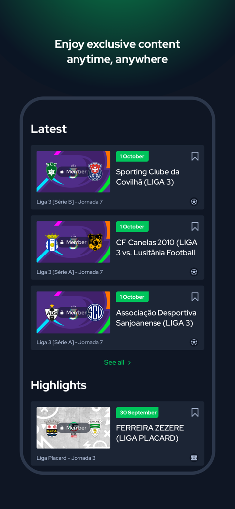 Canal 11 - Interface of the Canal 11 app displaying latest Portuguese football matches and highlights for Liga 3 and Liga Placard