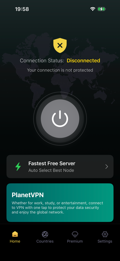 VPN - Planet Super bear - Pantalla de inicio de la aplicación PlanetVPN mostrando el estado desconectado y un gran botón de conexión