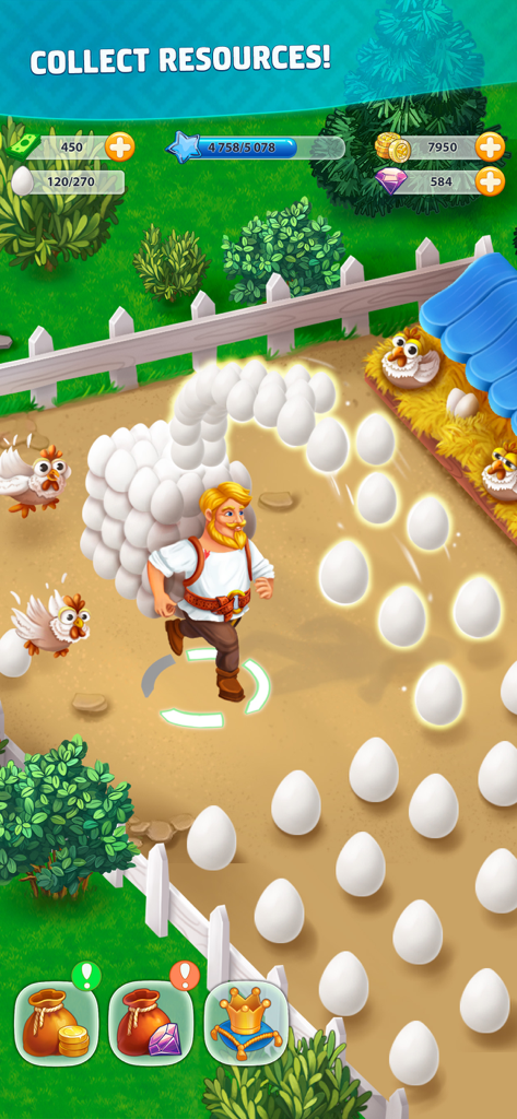 Harvest Land - Un personaggio di gioco raccoglie una serie di uova da galline in una fattoria in Harvest Land