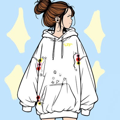 realistic girl with a oversized sweatshirt on and a bun